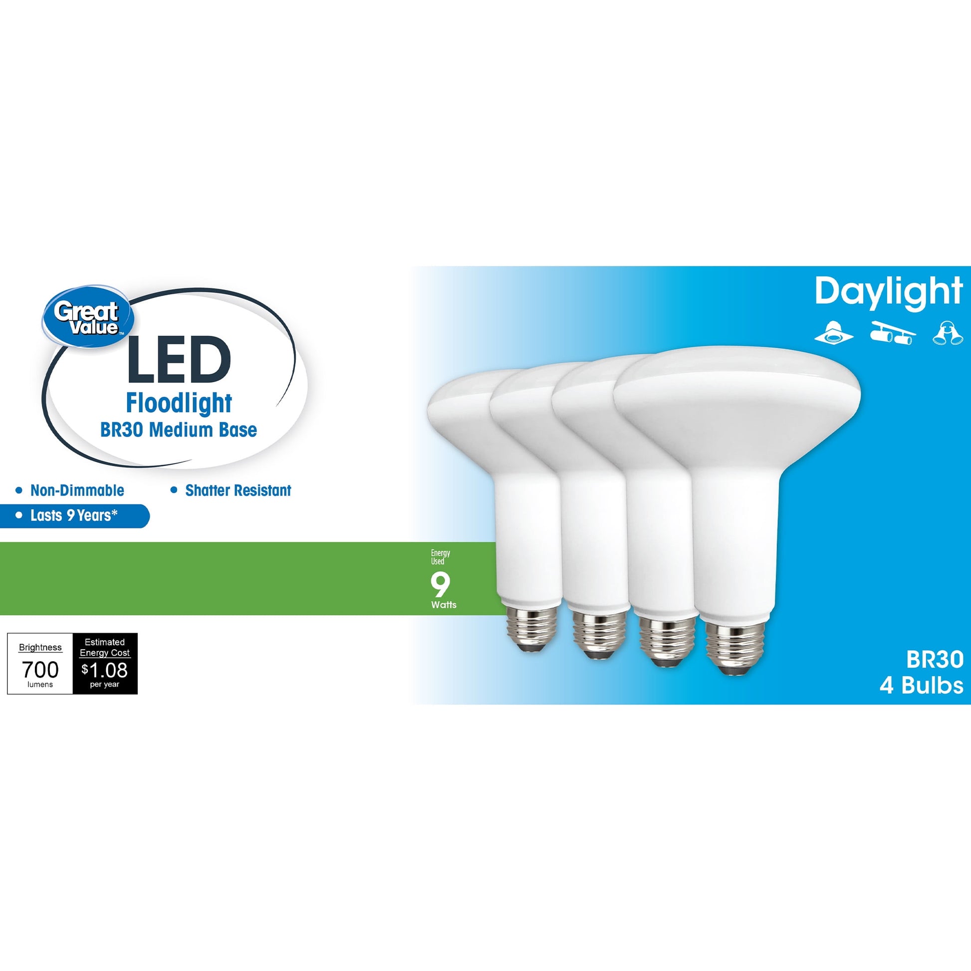Great Value Bombilla LED, 9W (Equivalente a 65W) BR30 LÃ¡mpara de Reflector Base Mediana E26, No Regulable, Luz de DÃ­a, Paquete de 4