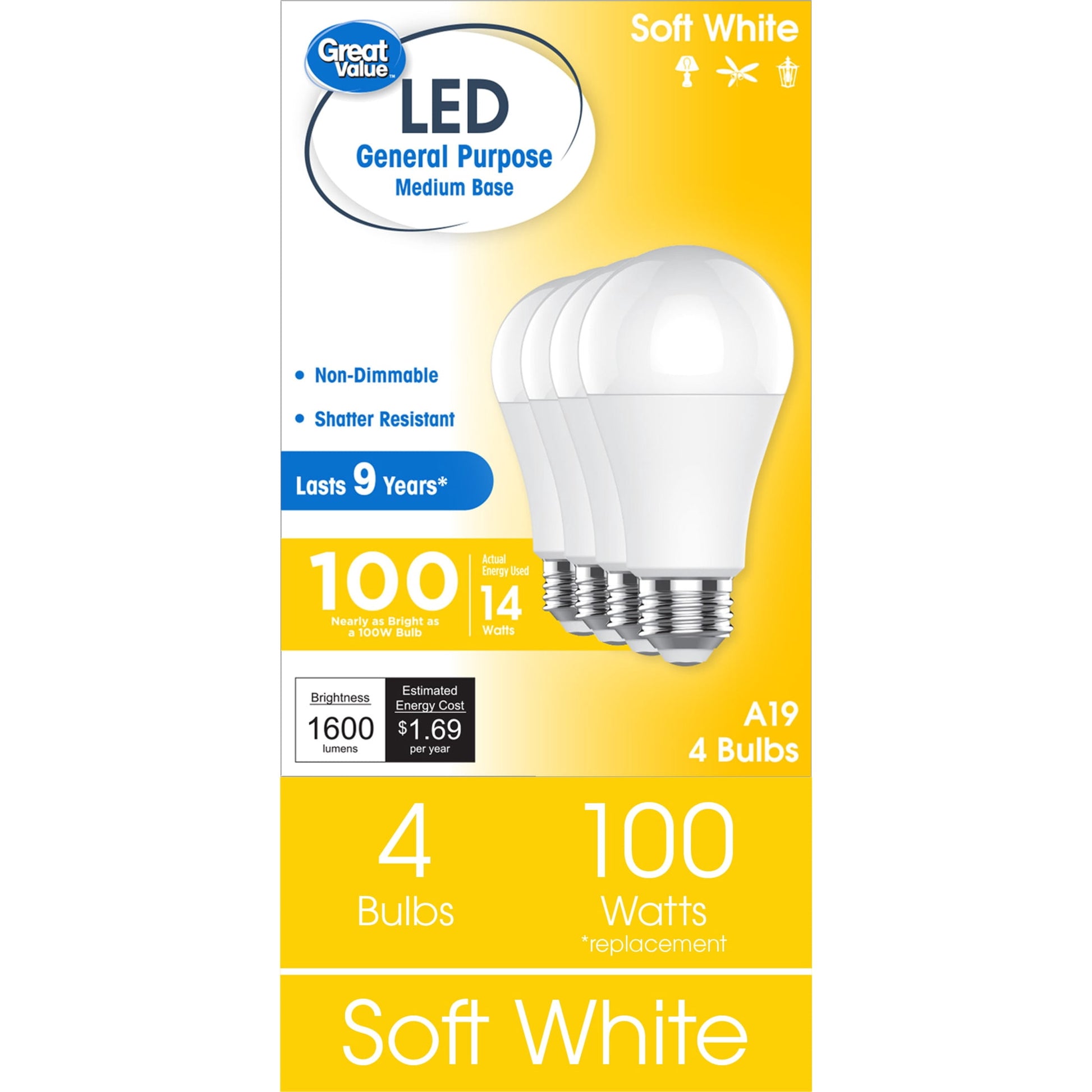 Great Value LED Light Bulb, Soft White, 100 Watt Eqv, A19 General Purpose, E26 Medium Base, 9yr, 4 Pack