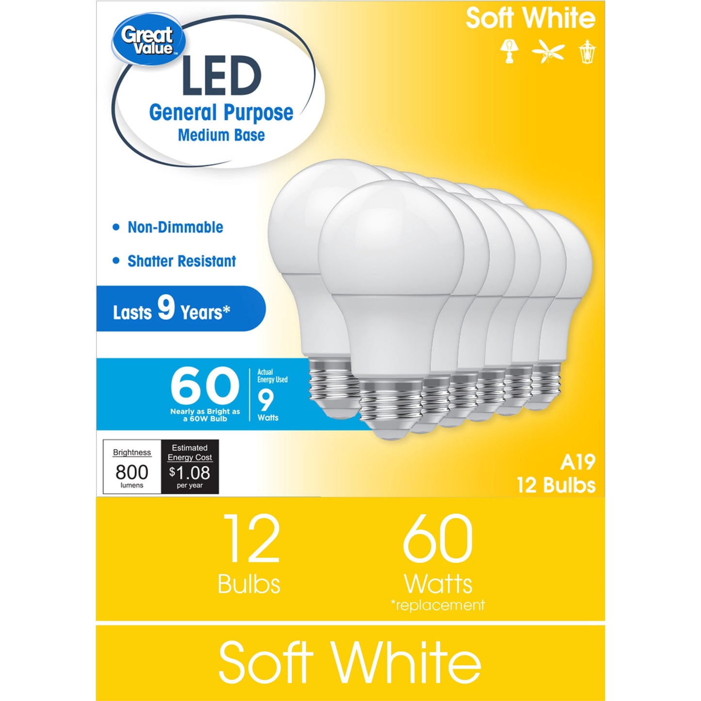 Great Value LED Light Bulb, Soft White, 60 Watt Eqv, A19 General Purpose, E26 Medium Base, 9yr, 12 Pack