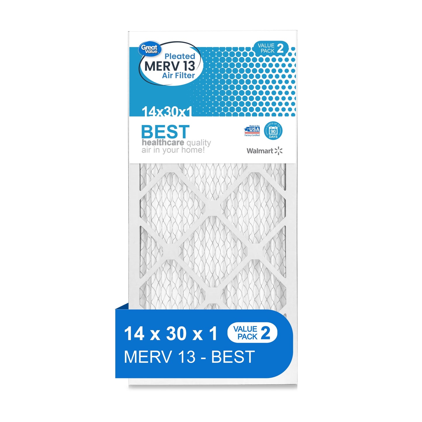 Great Value MERV 13 BEST 14x30x1 Furnace Filters, Pleated, Electrostatic Media (2 count)