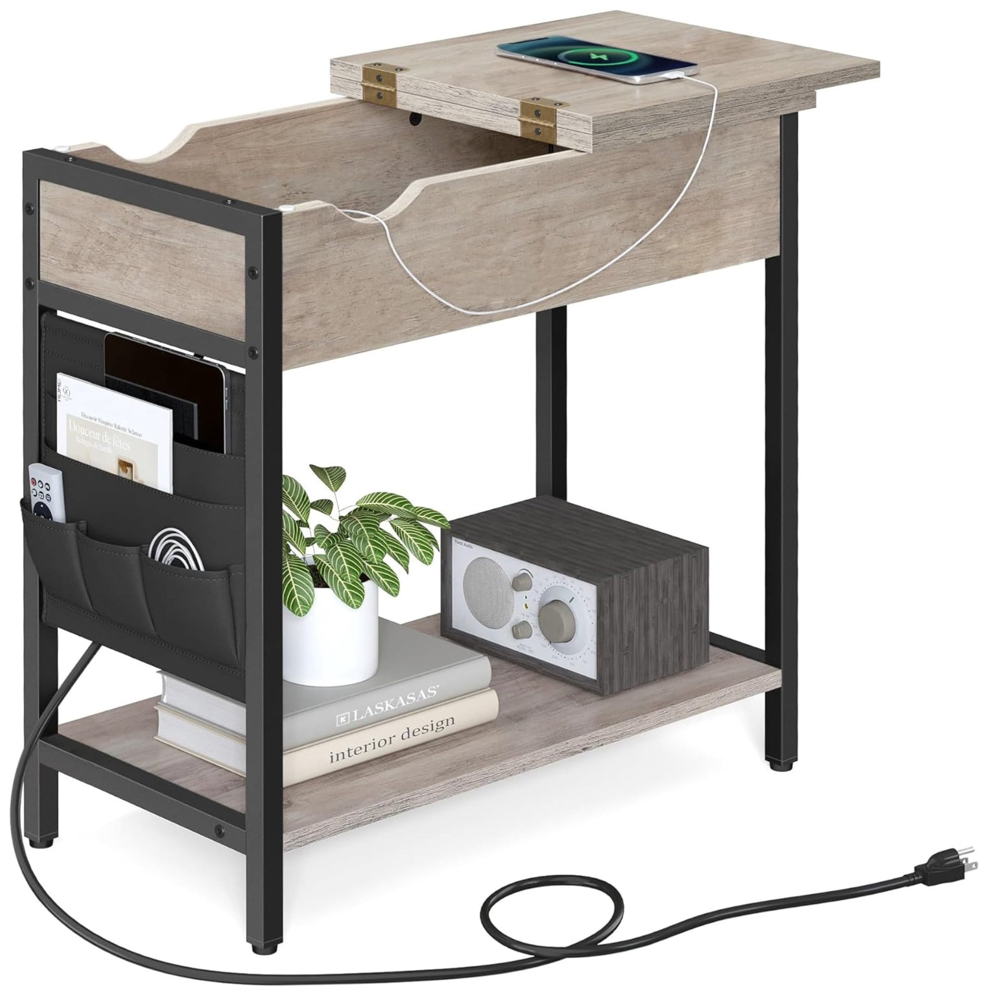 Greige and Black Industrial Side Table with Built-In Charging Station, USB Ports, and Side Fabric Storage Pockets