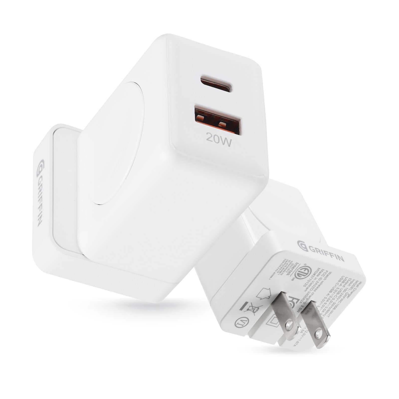 Griffin PowerBlock 20W Wall Charger with Smartwatch Wireless Charging, Dual USB-A & USB-C Ports, Fast Charging for Phones and Smartwatches