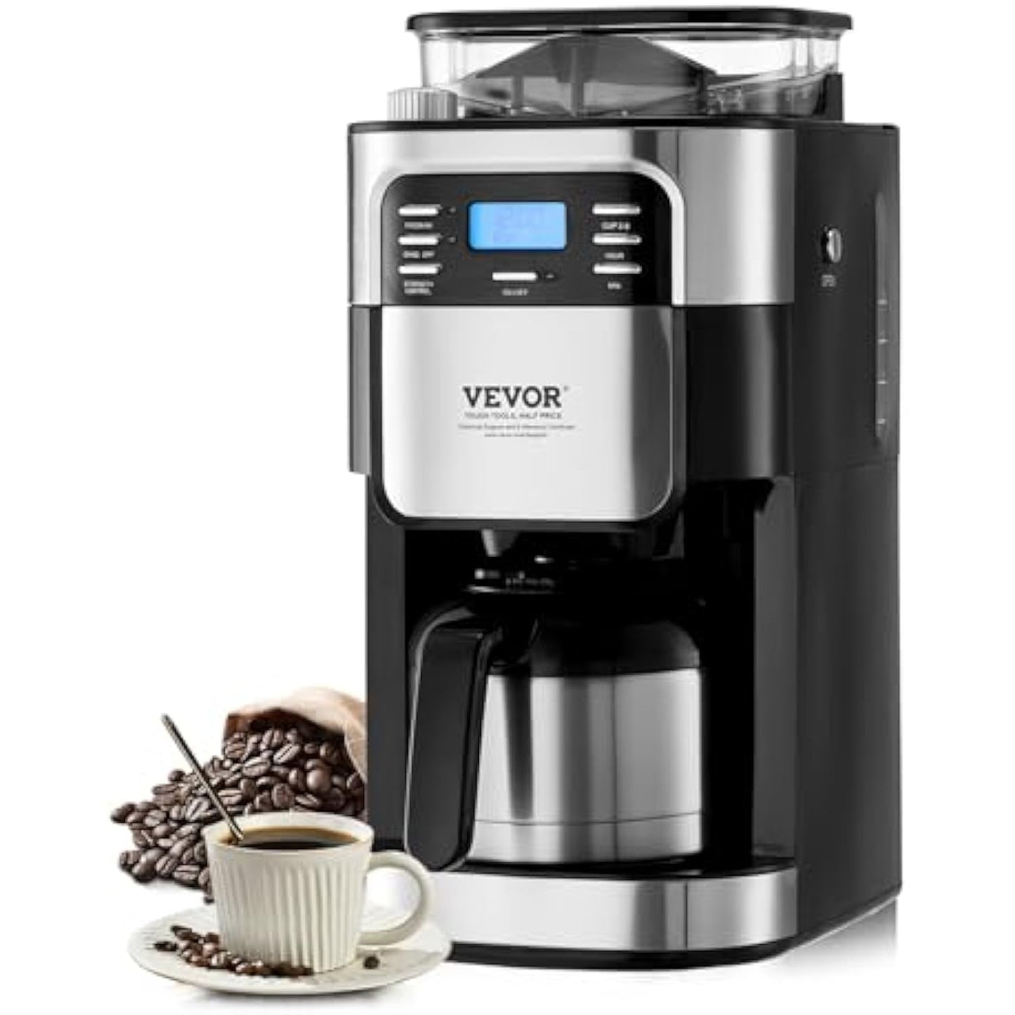Grind & Brew Coffee Maker - 8 Cup Capacity, 3-Strength Control, 24-Hr Auto Brew Timer for Home & Office | Coffee Maker with Grinder, Programmable Machine, Compact Design