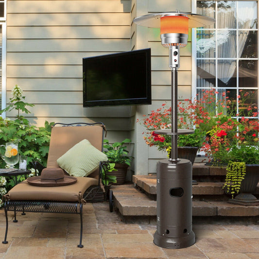 Gymax Outdoor Patio Heater Propane Standing LP Gas Steel W/Table & Wheels Bronze