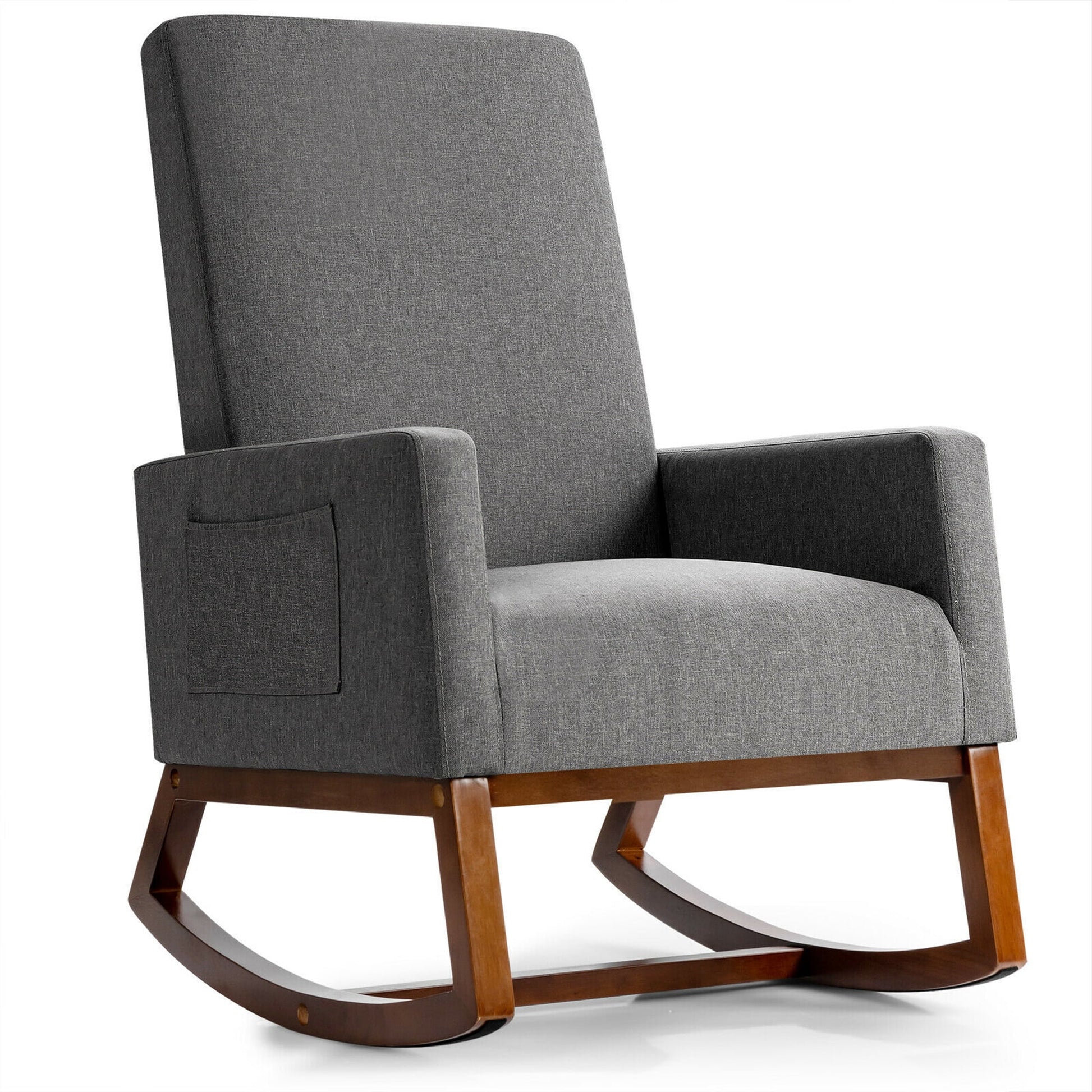 Gymax Rocking Chair High Back Upholstered Lounge Armchair w/ Side Pocket Grey