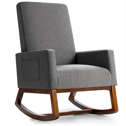 Gymax Rocking Chair High Back Upholstered Lounge Armchair w/ Side Pocket Grey