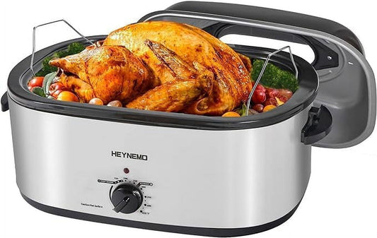 HEYNEMO Electric Roaster, Roaster Oven 26 Quart with Self-Basting Lid, Turkey Roaster Oven with Removable Pan and Rack, Adjustable Temperature Control Powerful 1450W Stainless Steel, Silver