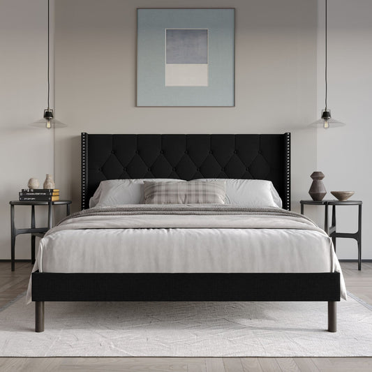 Home Design Cicero King Tufted Upholstered Wingback Panel Bed Frame with Button-Tufted Headboard & Nailhead Trim, Black, Easy Assembly