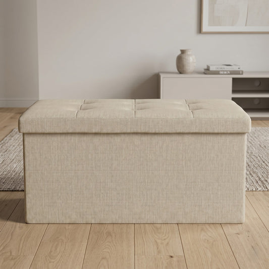 Home Design Upholstered Folding Storage Bench â€“ Beige Linen, Padded Seat with Hidden Storage, Collapsible Design