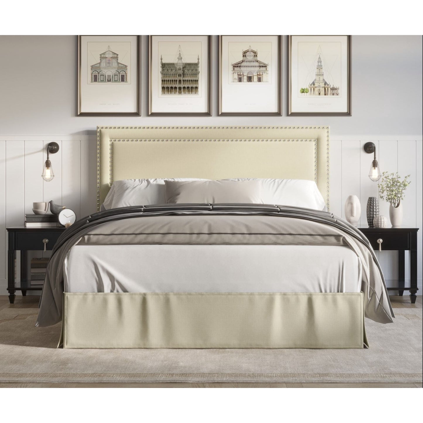 Home Design Keith King Upholstered Panel Bed Frame with Nailhead Trim, Beige â€“ Adult Bedroom Furniture, Easy Assembly
