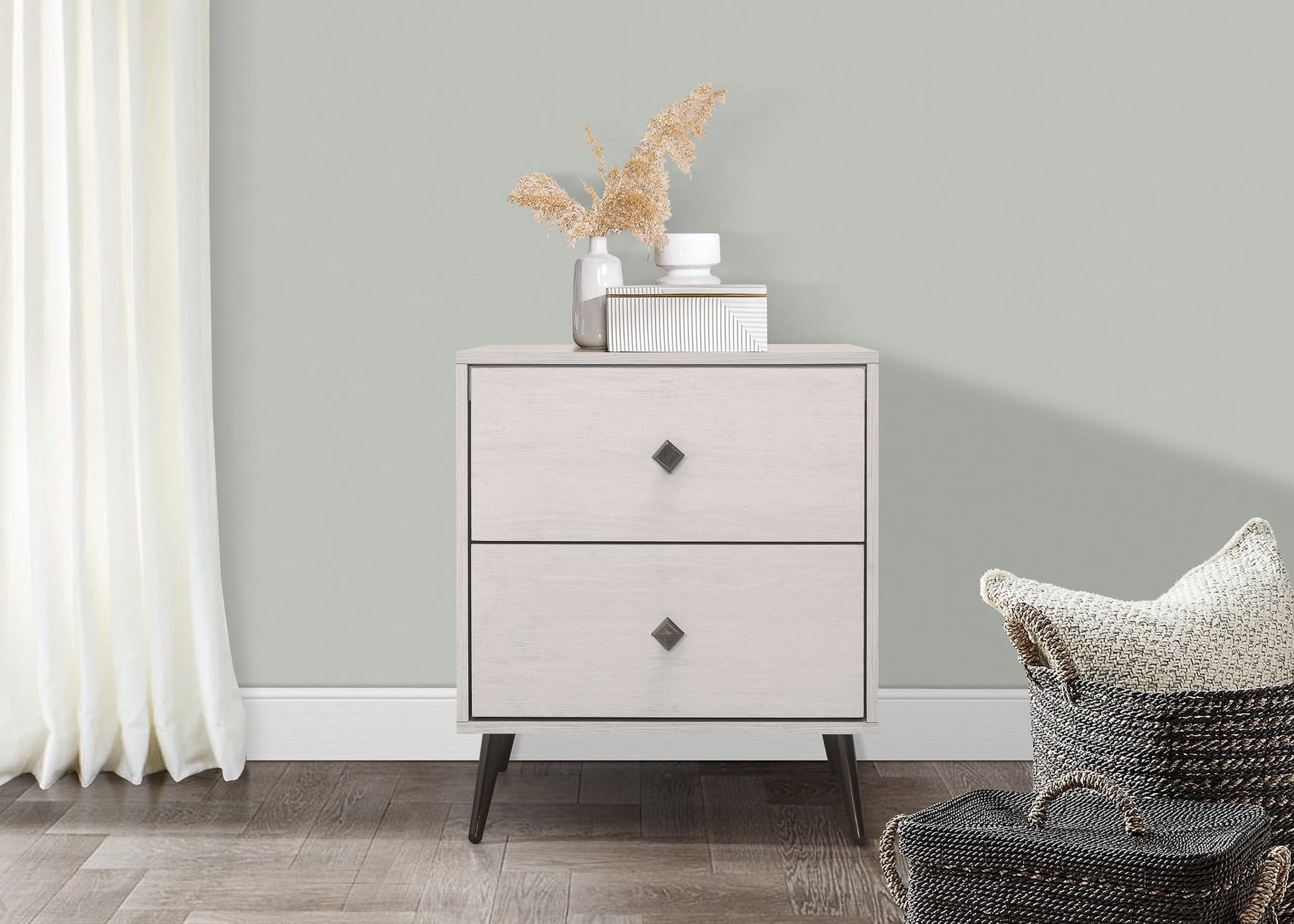 Home Design Lattice 2-Drawer Nightstand, Two Drawers, Metal Tapered Legs, Greyish Beige, Easy Assembly
