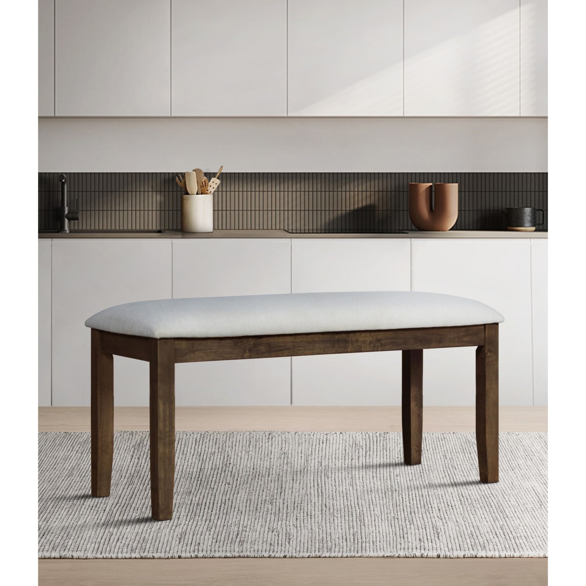 Home Design Oden Dining Bench, Brown/Gray, Rectangular seat, Padded cushion, Upholstered in soft gray fabric, X-shaped base, Comfortable seating, Rustic-modern style, Durable construction