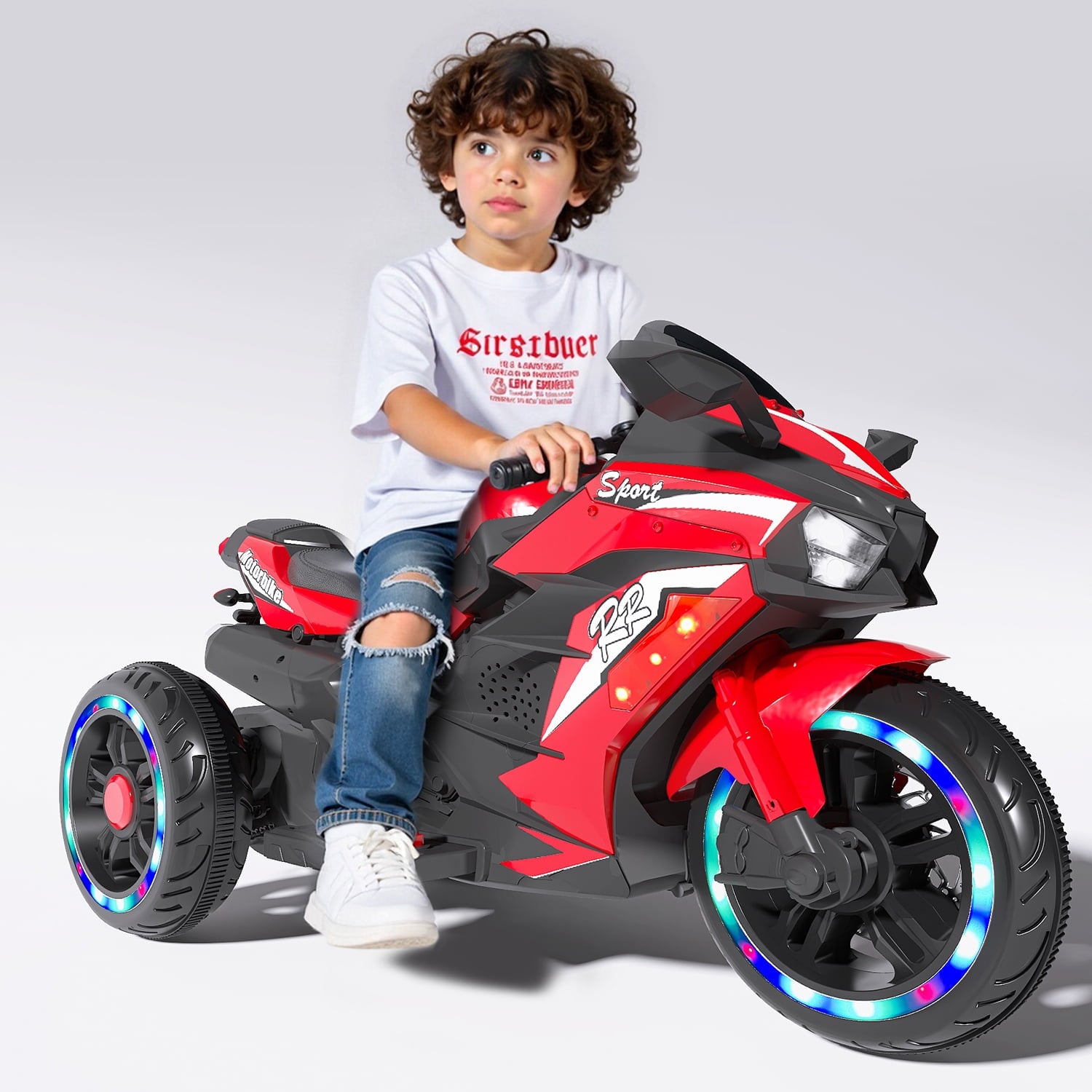HNH Kids Motorcycle for Kids 3+, 12V Battery Powered Bike Electric Motorbike, 3 Wheels Ride on Toys with LED Lights, Bluetooth Music