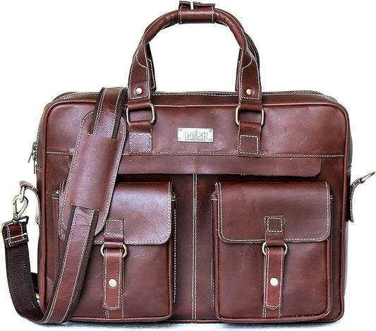 HULSH Handmade Genuine Leather Briefcase for Men 18 inches Laptop Bag Premium Leather Finish | Mens Leather Briefcase| Handmade Leather Bag for Men