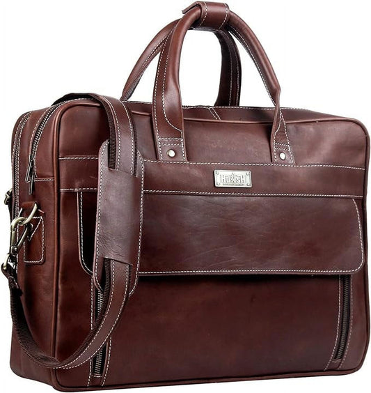 HULSH Handmade Vintage Genuine Leather Briefcase for Men 17 Inch Laptop Computer Case Business Travel Work Messenger Cross Body Shoulder Bags, Brown Leather Bag for Men