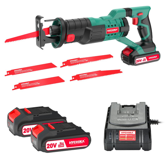 HYCHIKA 20V Cordless Reciprocating Saw with 2 2Ah Batteries 4 Saw Blades, LED Lighting , 0-2800 SPM Variable Speed, for Wood Metal Cutting