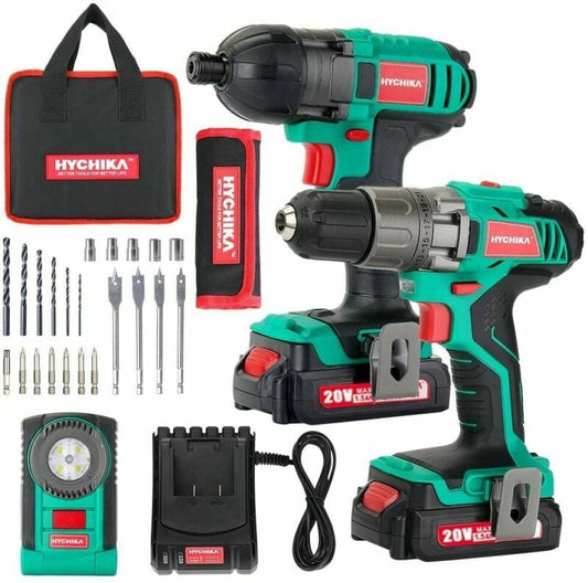 HYCHIKA Cordless Drill Driver 20V Max 35N.m &Impact Driver 2x1.5Ah Batteries