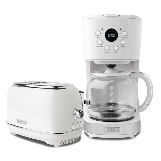 Haden 12 Cup Coffee Maker with 2 Slice Stainless Steel Bread Toaster, White