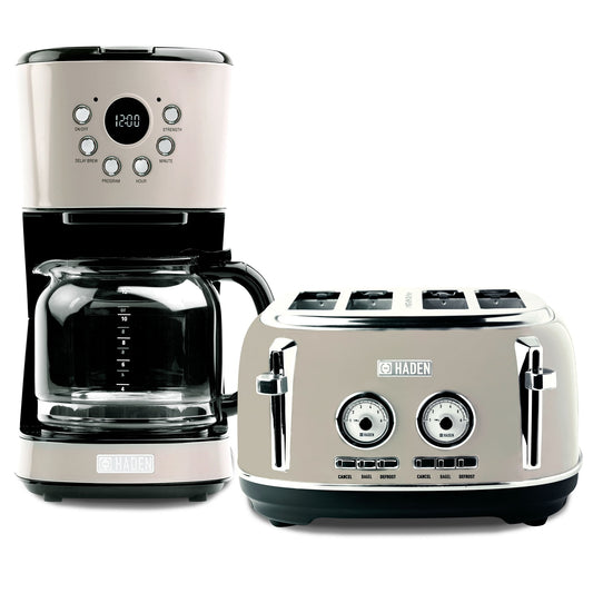 Haden Dorset 12 Cup Coffee Maker & 4 Slice Wide Toaster, Putty & Chrome