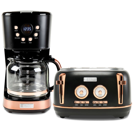Haden Dorset 4 Slice Wide Slot Toaster & Coffee Maker, Black & Copper