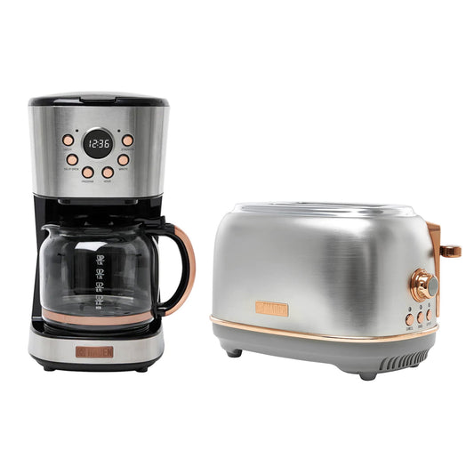 Haden Heritage 12 Cup Coffee Maker & 2 Slice Toaster Set, Steel/Copper