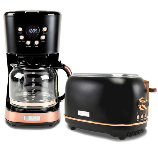Haden Heritage 2 Slice Wide Slot Toaster & Coffee Maker, Black & Copper