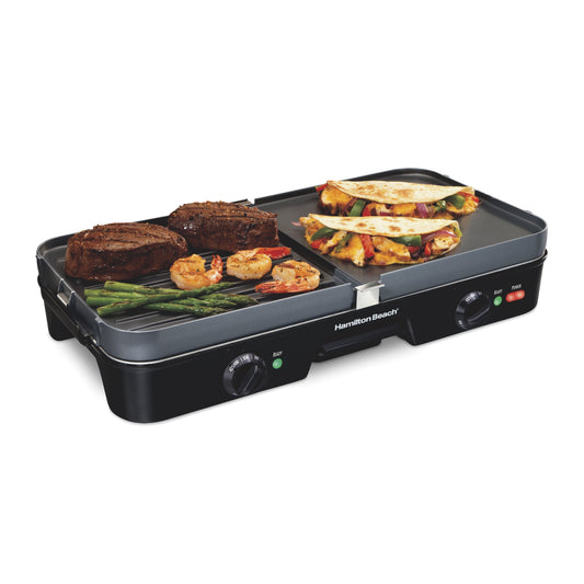 Hamilton Beach 3-in-1 Electric Indoor Grill/Griddle, 180 Sq. in. Nonstick Cooking Surface, Adjustable Temperature Up to 425°F, Black, 38546