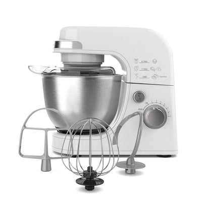 Hamilton Beach Electric Stand Mixer, 4 Quart Stainless Bowl, 7 Speeds, Tilt-Head, Dough Hook, Whisk and Flat Beater, Splash Guard, 300 Watts, White, 63388