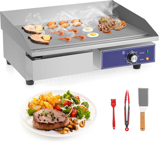Happygrill 22" Commercial Electric Griddle, Stainless Steel Flat Top Grill w/Adjustable Temperature Control 122℉-572℉, Complete Accessories, 2000 W Electric Countertop Griddle for Kitchen Restaurant