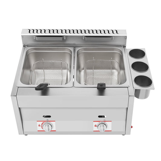 Heavy-Duty Gas Deep Fryer – Double Tank Fryer with High-Efficiency Heating, Large Capacity Baskets, and Anti-Rust Stainless Steel for Long-Term Use
