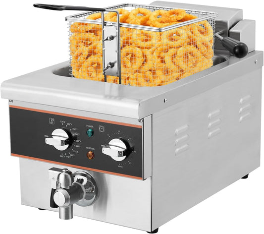 Hetoy Electric Deep Fryer - 6.34QT/6L Capacity with Basket & Lids, Stainless Steel Construction, 1800W Power - Commercial Deep Fryer with Oil Drain & Timer for Home Kitchen & Restaurant Use