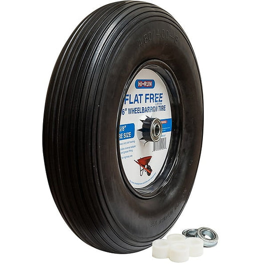 Hi-Run 16 Inch Flat Free Wheelbarrow Tire Assembly Rib Pattern with Universal Bearing Kit and Greases fitting 4.80/4.00-8 Lawn & Garden Tires