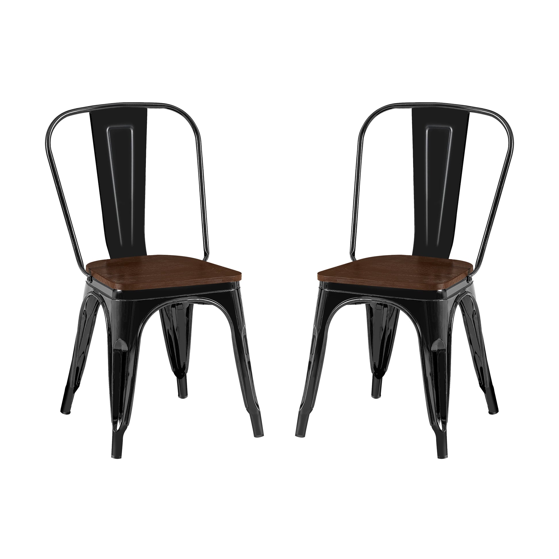 High Gloss Black with Walnut Wooden Seat Industrial Metal Dining Chairs 18 Inch Seat Height Stackable, Set of 2