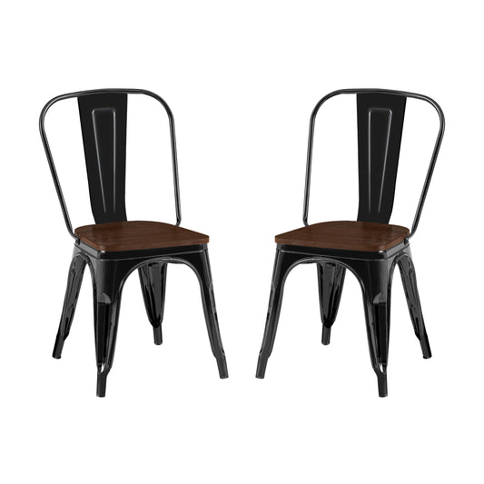 High Gloss Black with Walnut Wooden Seat Industrial Metal Dining Chairs 18 Inch Seat Height Stackable, Set of 2