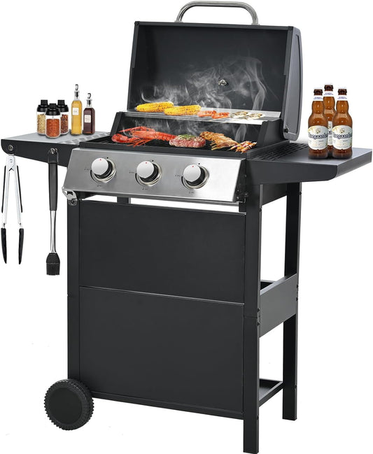 Highsound 3 Burner BBQ Propane Gas Grill, Stainless Steel 25650 BTU Patio Garden Barbecue Grill with Thermometer, Black