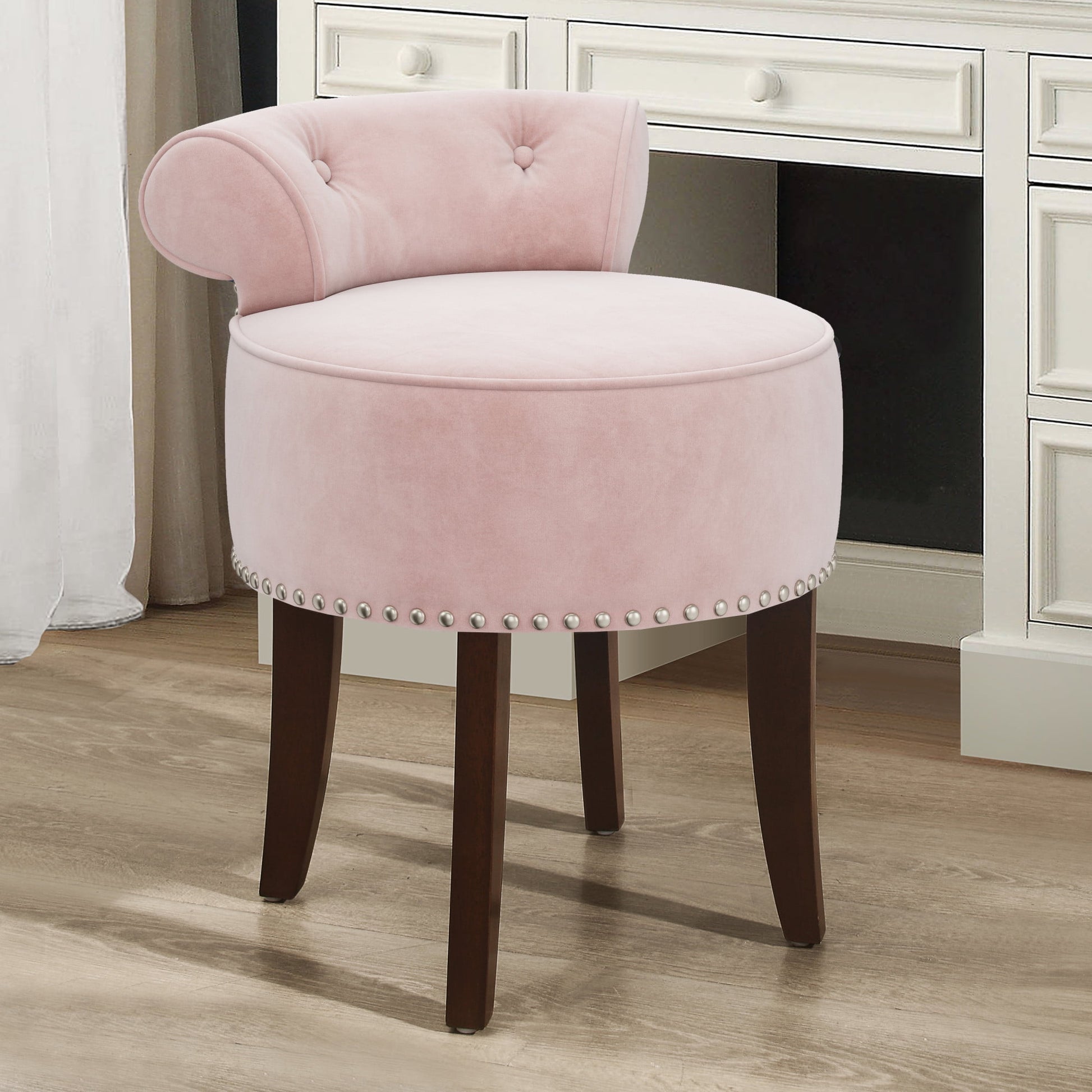 Hillsdale Lena Contemporary Wood/Fabric Vanity Stool in Pink