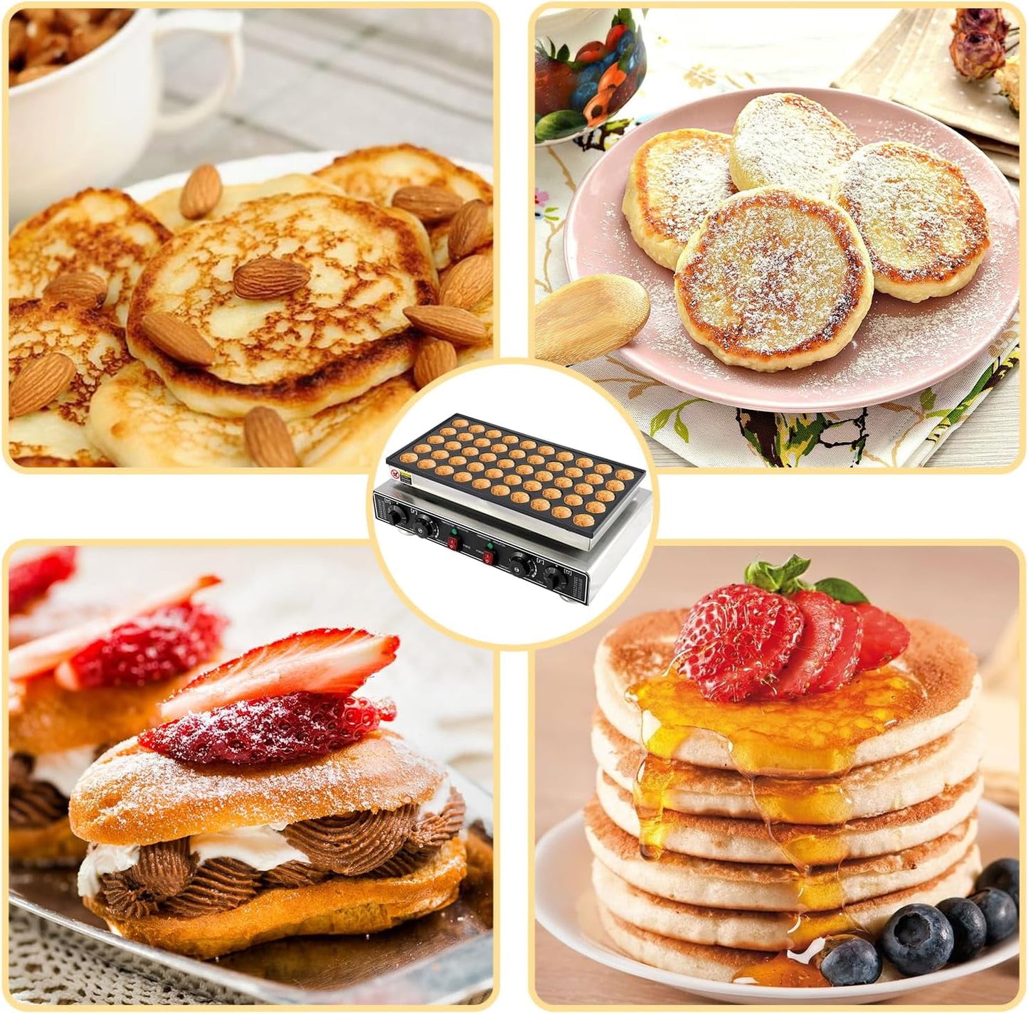 Historyli 50PCS Mini Pancakes Maker Machine, 110V,1800W Mini Dutch Pancake Maker,Commercial Electric Nonstick Waffle Maker Machine for Home and Restaurants,Silver and Black