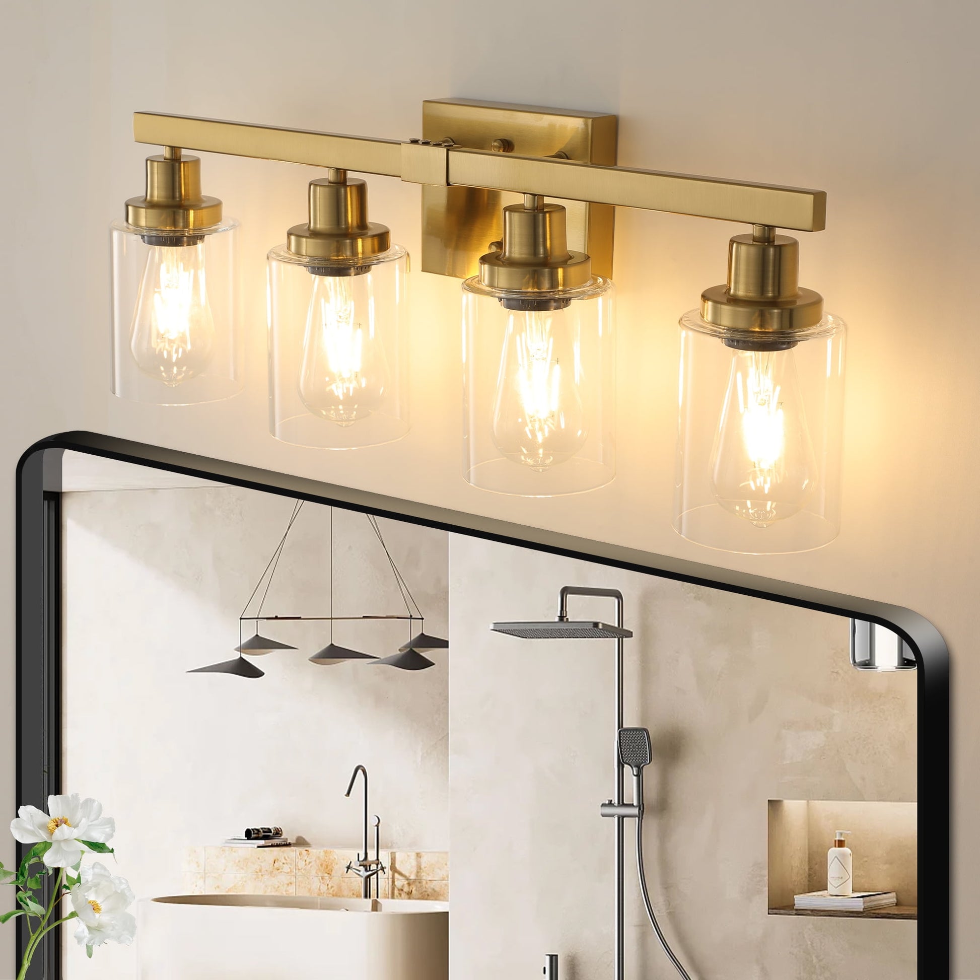 Holaki 24" Golden 4-Light Vanity Light with Clear Glass Shades, Modern Iron Metal Bathroom Wall Fixture for Mirror, Ideal for Bathroom, Gold (E26, No Bulbs)