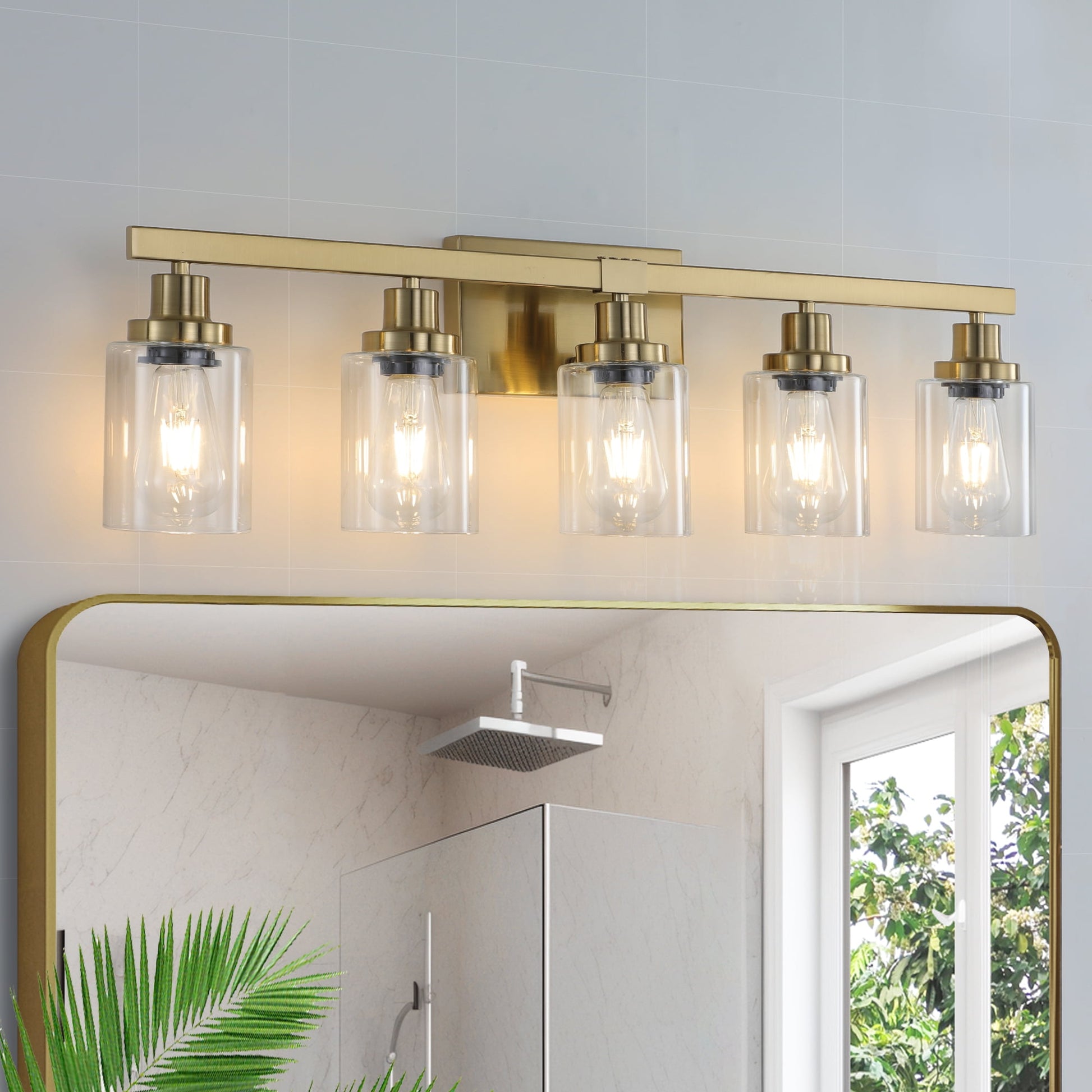 Holaki 31" Golden 5-Light Vanity Light with Clear Glass Shades, Modern Iron Metal Bathroom Wall Fixture for Mirror, Ideal for Bathroom and Dressing Table (E26, No Bulbs)