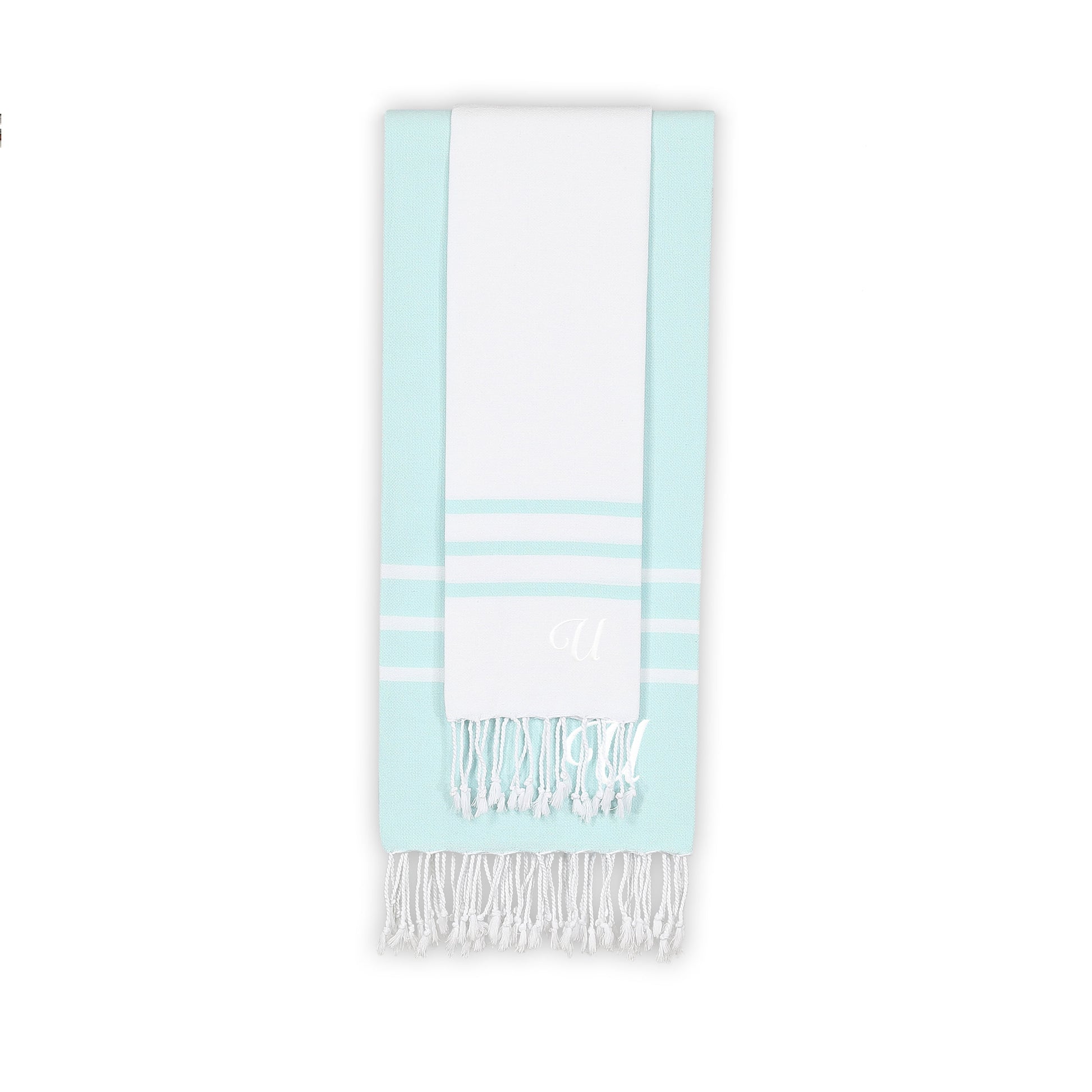 Home Alara 100% Turkish Cotton Monogrammed White and Aqua Pestemal Beach Towel Set
