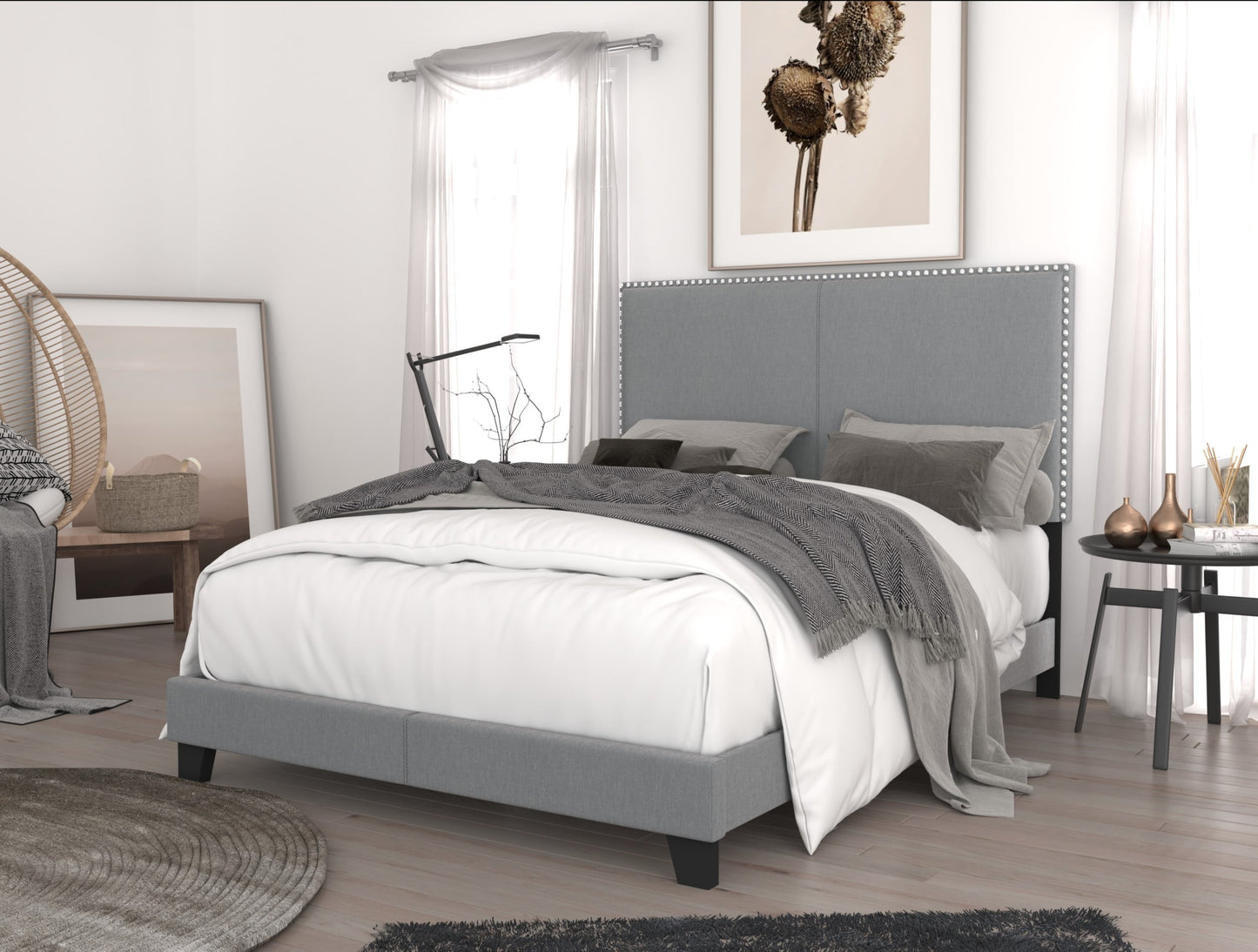 Home Design Ace King Nailhead Trim Linen Upholstered Bed Frame with Solid Wood Frame and Silver Nailhead, Light Gray, Easy assembly