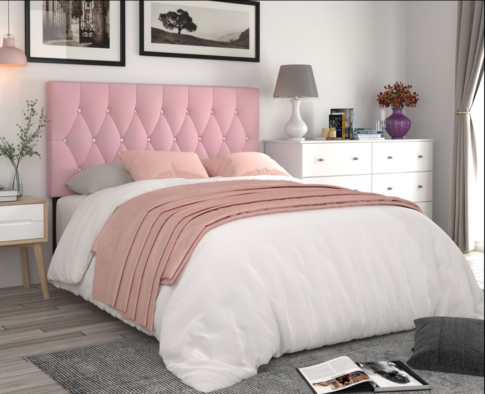 Home Design Concetta Full Tufted Upholstered Adjustable Headboard, Pink, Velvet with Diamond Button Tufting, Modern Bedroom Furniture