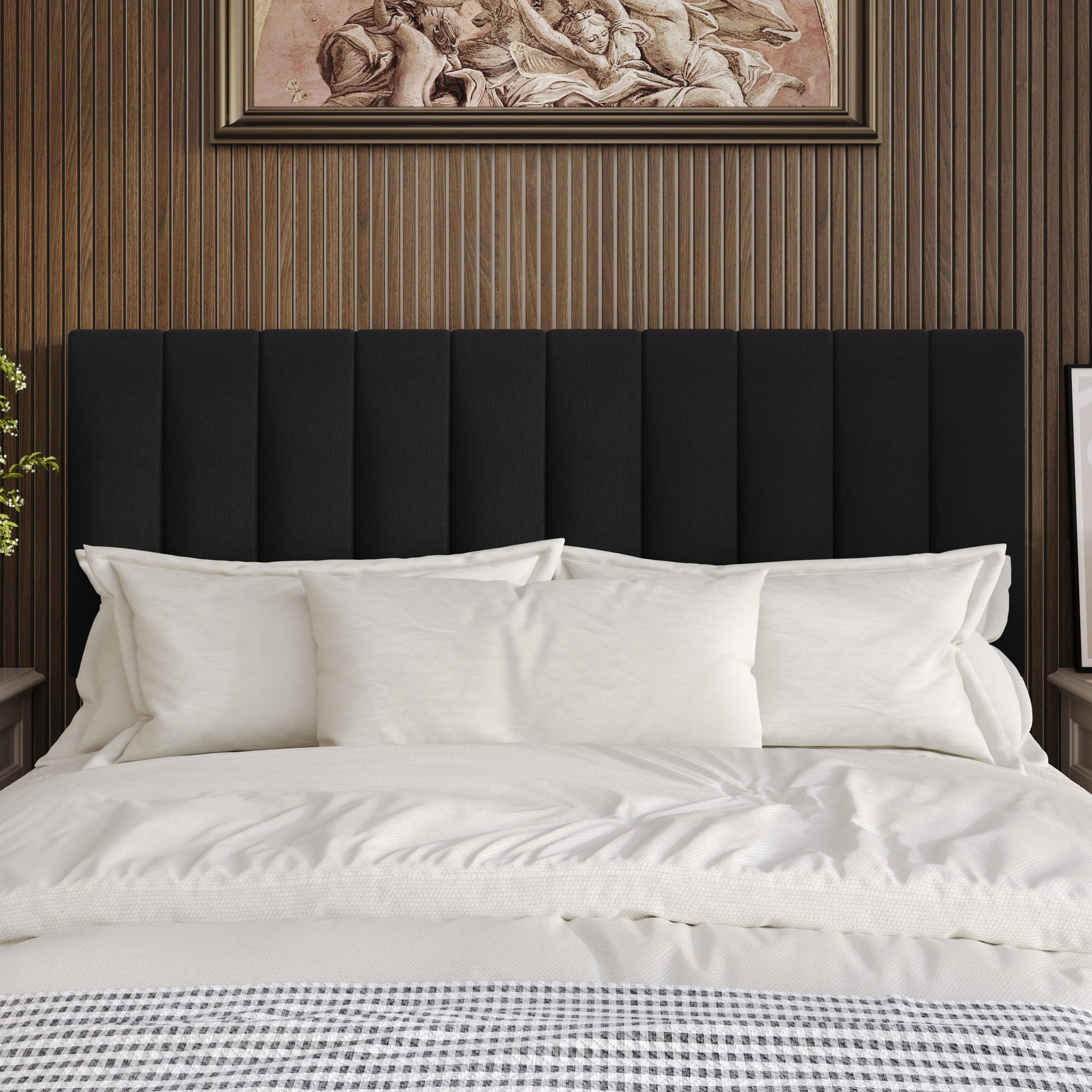 Home Design Dennis Queen Upholstered Headboard with Vertical Channel Design, Adjustable Height, Black