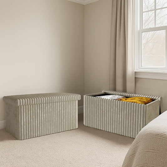 Home Design Florence Upholstered Folding Storage Bench with Foam Filled Seat, Multi-Purpose Rectangular Design for Seating, Footrest, or Hidden Storage in Living Room or Office, Light Beige