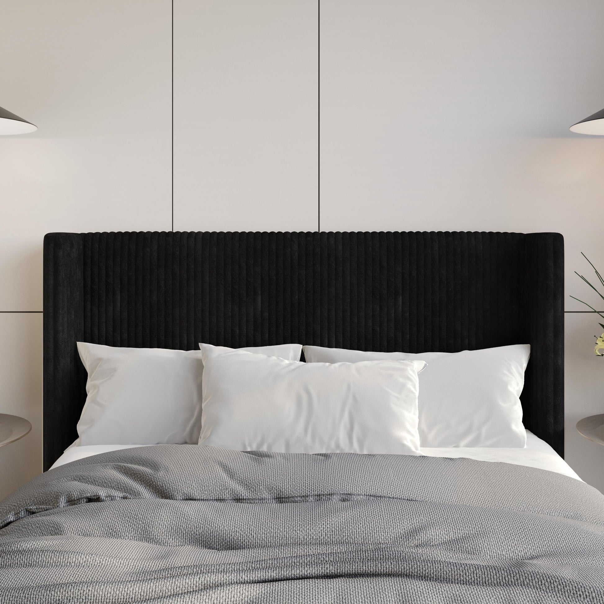 Home Design Lenox Queen Upholstered Wingback Headboard, Soft Corduroy, Black, Easy to Assemble
