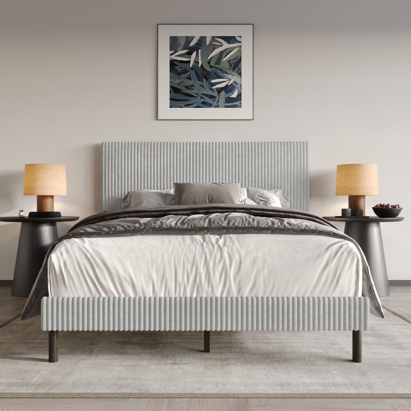 Home Design Osceola Queen Luxurious Corduroy Upholstered Panel Bed Framefor Adult, Black, Easy Assembly, Box Spring Required (Sold Separately)