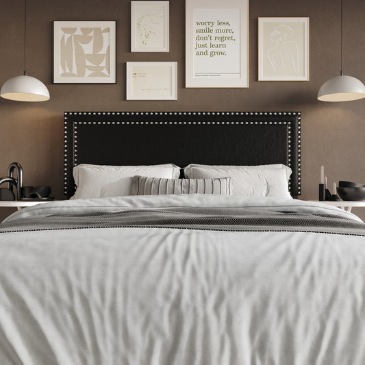 Home Design Sarasota Full Upholstered Headboard with Double Nailhead Trim and Foam Padding, Black, Easy Assembly