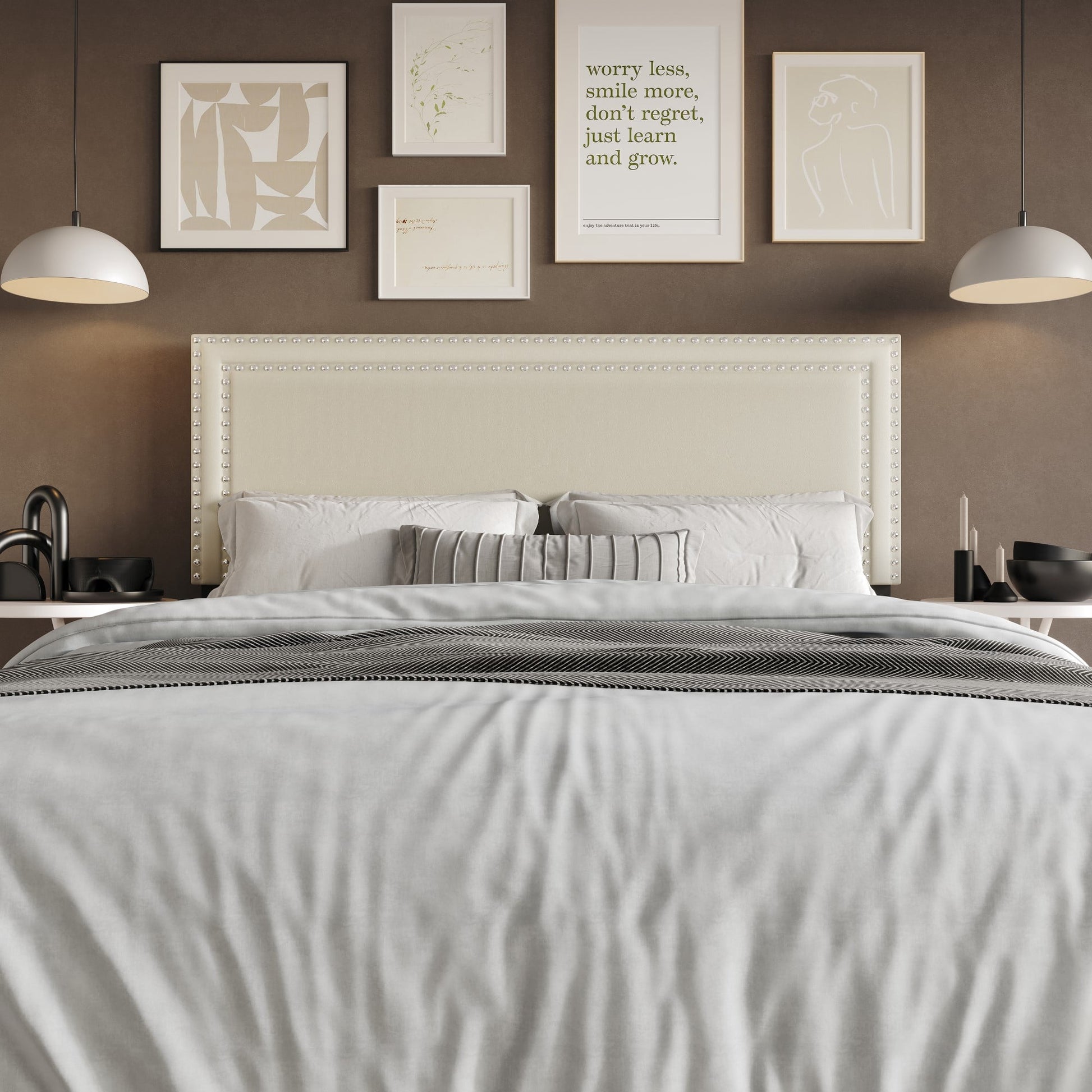 Home Design Sarasota Queen Upholstered Headboard with Double Nailhead Trim and Foam Padding, Cream, Easy Assembly