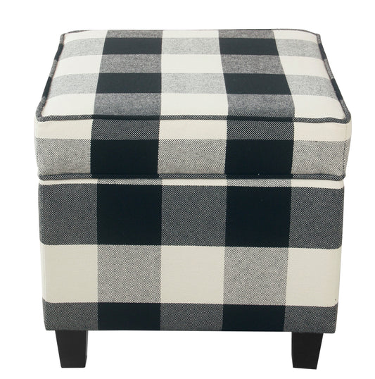 Wooden Square Ottoman with Grid Patterned Fabric Upholstery and Hidden Storage Beige and Brown - Saltoro Sherpi
