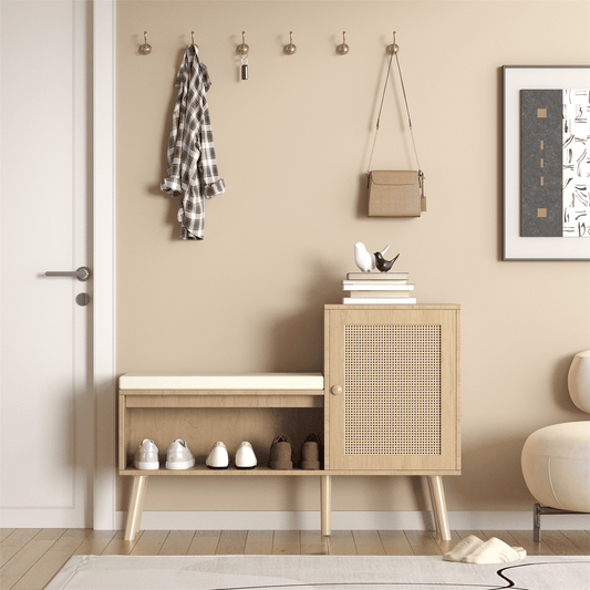 Hommoo 2-in-1 Shoe Storage Bench, Modern Rattan Shoe Cabinet with Adjustable Shelves and Padded Seat, Shoe Storage Organizer, Natural